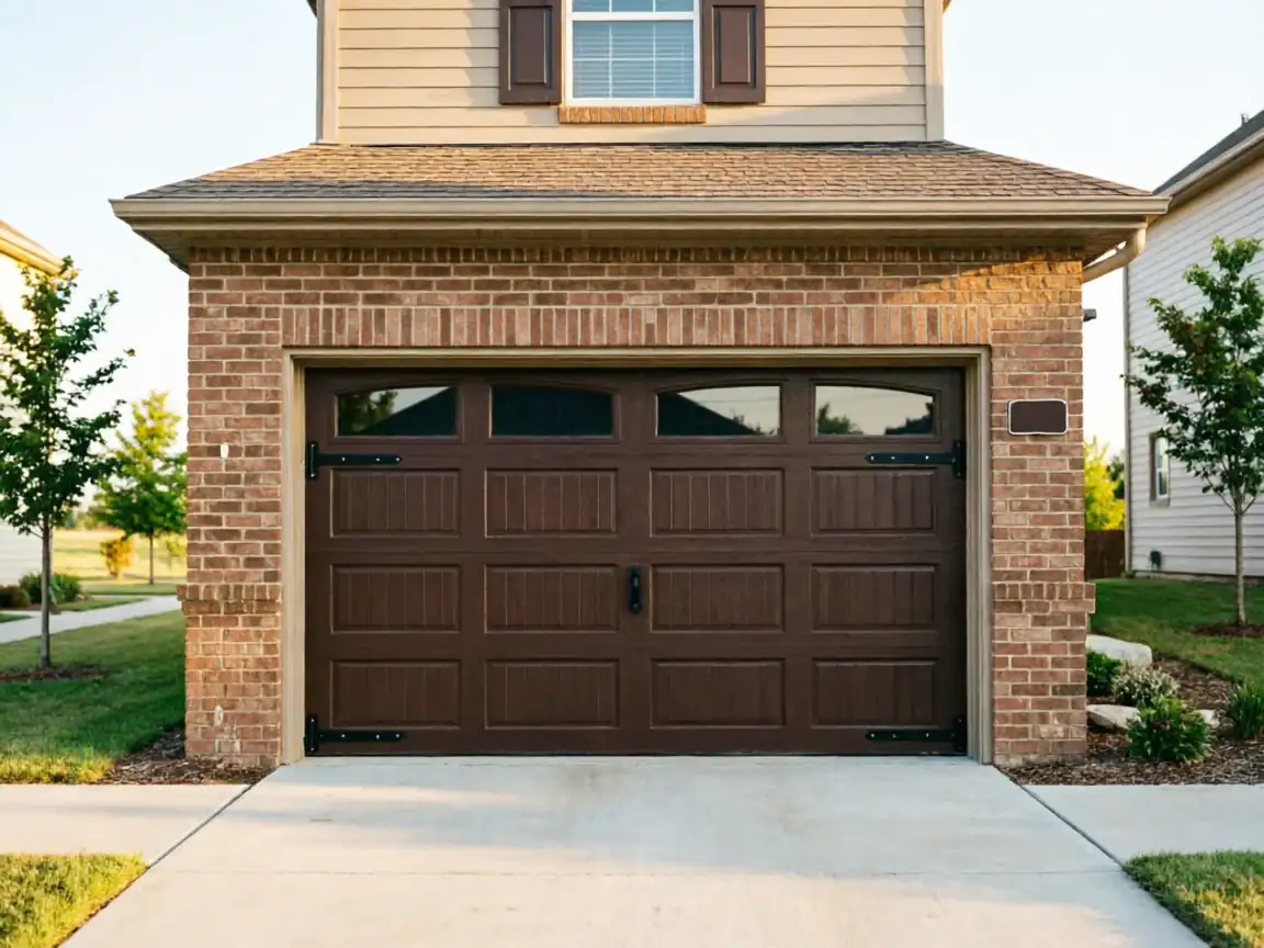 The house has a brown garage door with windows and decorative hardware.