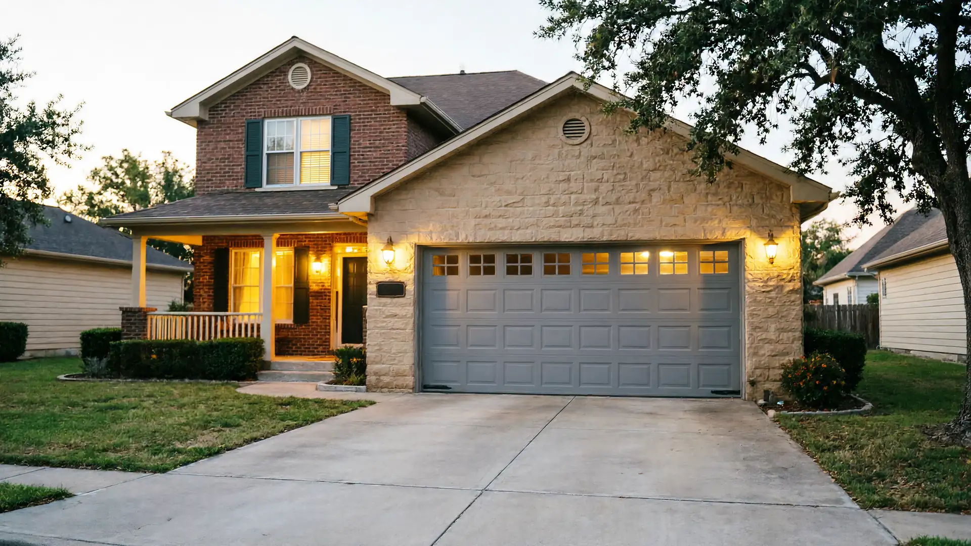 The house has a gray garage door with windows and a stone facade.