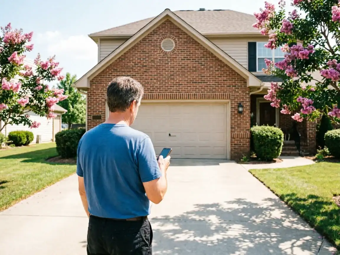 A man in a blue shirt stands in a driveway holding a phone, facing a house.