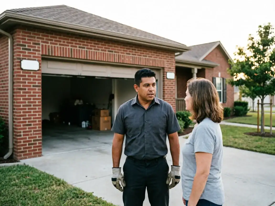 A technician wearing gloves talks to a woman in front of a brick house with an open garage.